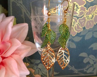 Green Gold Leaf Dangle Earrings, Fairycore Cottagecore Forest Whimsy