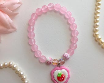 Braccialetto rosa fragola, braccialetto elastico floreale, braccialetto kawaii, gioielli Coquette, braccialetto Cutecore, braccialetto pastello kawaii Lolita