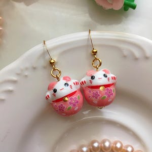 Pink Maneki Neko Earrings, Lucky Cat Earrings, Cutecore Earrings, Japanese Kawaii Earrings, Drop Earrings