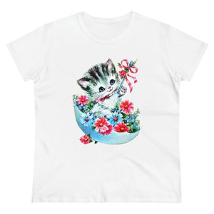 Retro Kitsch Cat Shirt, Vintage Kitschy Kitten Tee, Cat Lovers T-Shirt, Cat Mom Shirt, Cute Kitten Shirt, Mid Century Floral Cat Shirt