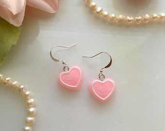 Pink Candy Heart Earrings, Pastel Cutecore Earrings, Kawaii Earrings, Pink Heart Drop Earrings