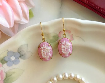 Pink Wedgwood Style Earrings, French Style Floral Cameo Earrings, Rococo Earrings, Vintage Drop Earrings, Baroque Earrings, Regency Jewelry