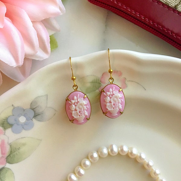 Pink Wedgwood Style Earrings, French Style Floral Cameo Earrings, Rococo Earrings, Vintage Drop Earrings, Baroque Earrings, Regency Jewelry