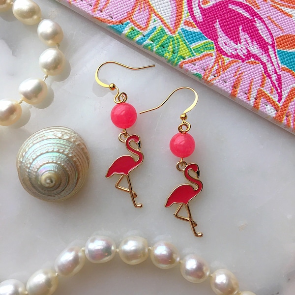 Pink Flamingo Earrings, Gold Flamingo Earrings, Pink Jade Earrings, Tropical Jewelry, Retro Summer Earrings, Beach Earrings