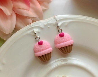 Pink Cupcake Earrings, Pink Fairy Kei Earrings, Pastel Cutecore Earrings, Kawaii Earrings, Miniature Food Earrings, Birthday Cake Earrings