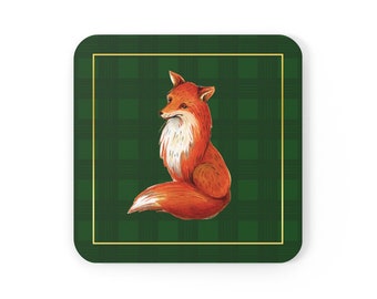 Fox Coaster Set, Green Tartan Coasters, British Wildlife, Woodland Animals, Fox Lover Gifts, Traditional Country Coasters, Preppy Plaid