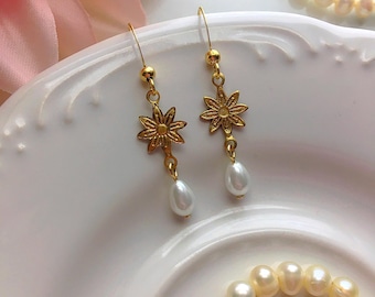 Gold Dainty Floral Pearl Earrings, Vintage French Style Teardrop Pearl Earrings, Rococo Style Flower Earrings, Baroque Earrings