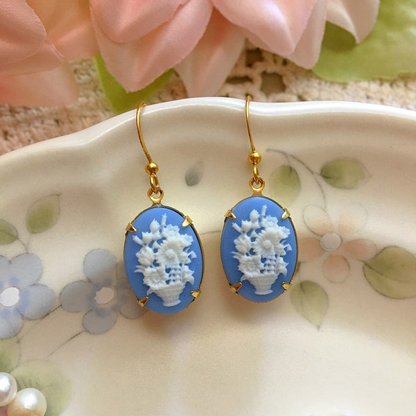 Blue Wedgwood Style Earrings, French Style Floral Cameo Earrings, Rococo Earrings, Vintage Drop Earrings, Baroque Earrings, Regency Jewelry