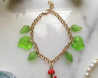 Cottagecore Mushroom Charm Bracelet, Woodland Leaf Charm Bracelet, Fairycore Bracelet, Fairy Jewelry, Boho Fantasy Jewelry