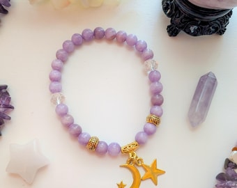 Purple Jade Crescent Moon & Stars Bracelet, Celestial Jewelry, Boho Jewelry, Bohemian Whimsigoth, Whimsical 90s Inspired