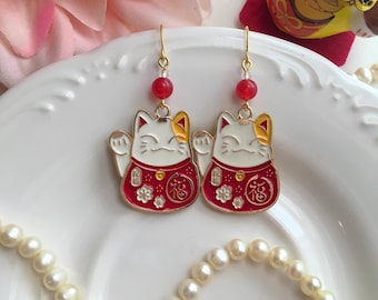 Lucky Cat Earrings, Maneki Neko Dangle Earrings, Red White Earrings, Handmade Cat Jewelry, Japanese Kawaii, Lucky Charm Earrings