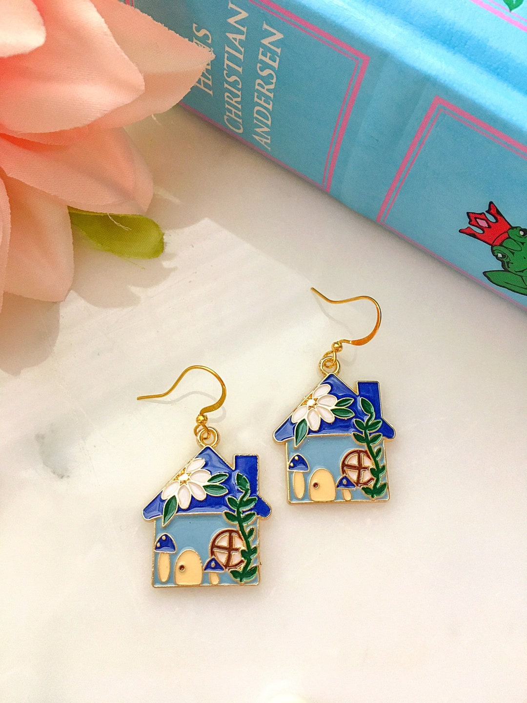 Blue Cottage Earrings, Storybook House Earrings, Fairy Tale Earrings