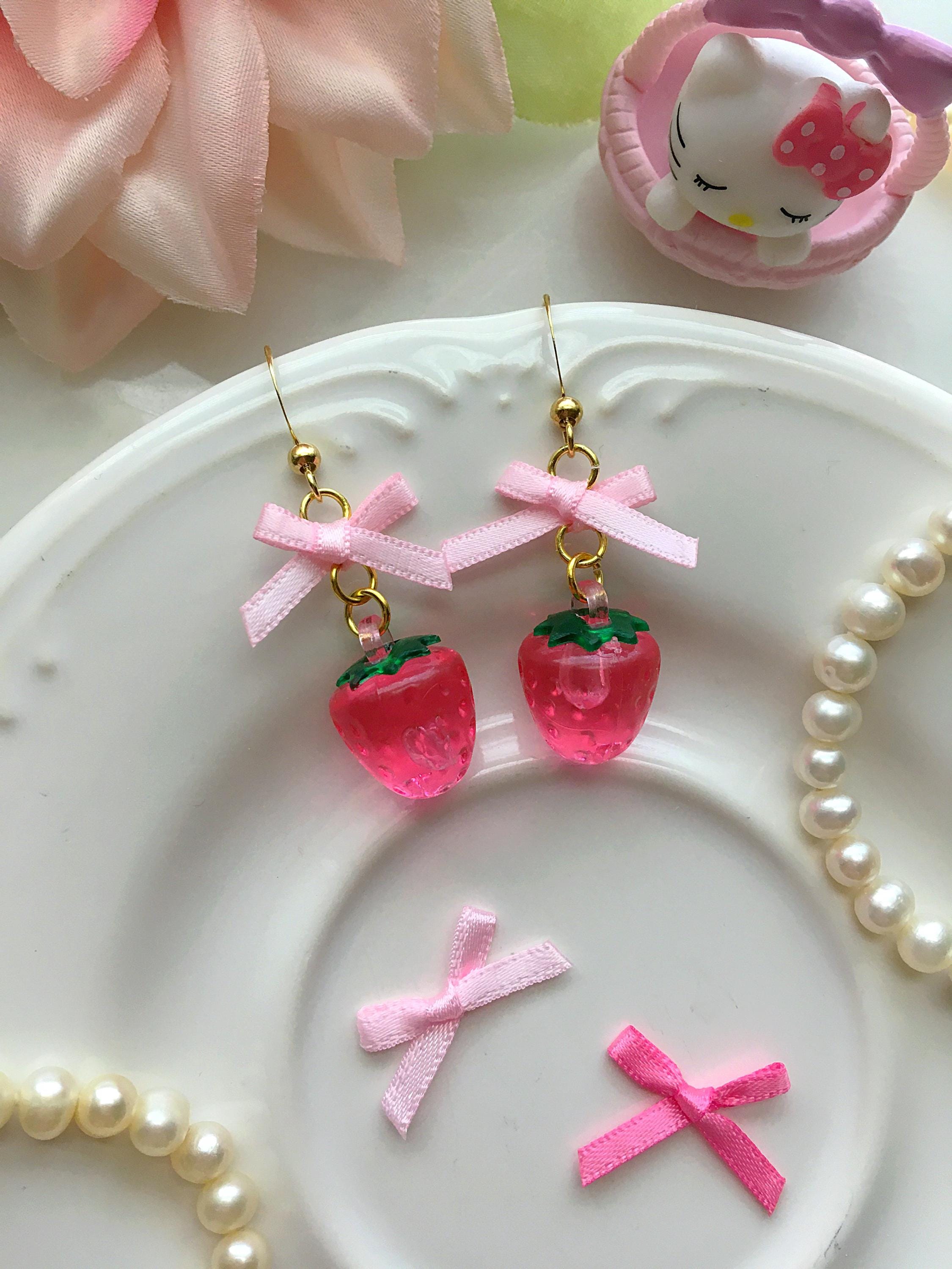 Pink Strawberry Earrings, Pink Bow Strawberry Earrings, Pastel Cutecore Earrings, Kawaii Earrings, Fruit Earrings