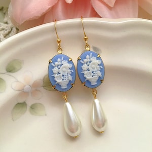 Blue Wedgwood Style Pearl Earrings, French Style Floral Cameo Earrings, Rococo Earrings, Vintage Pearl Drop Earrings, Baroque Earrings