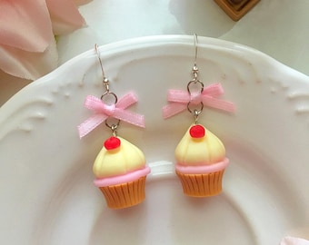 Pink Cupcake Earrings, Pink Bow Earrings, Pastel Cutecore Earrings, Kawaii Earrings, Miniature Food Earrings, Birthday Cake Earrings
