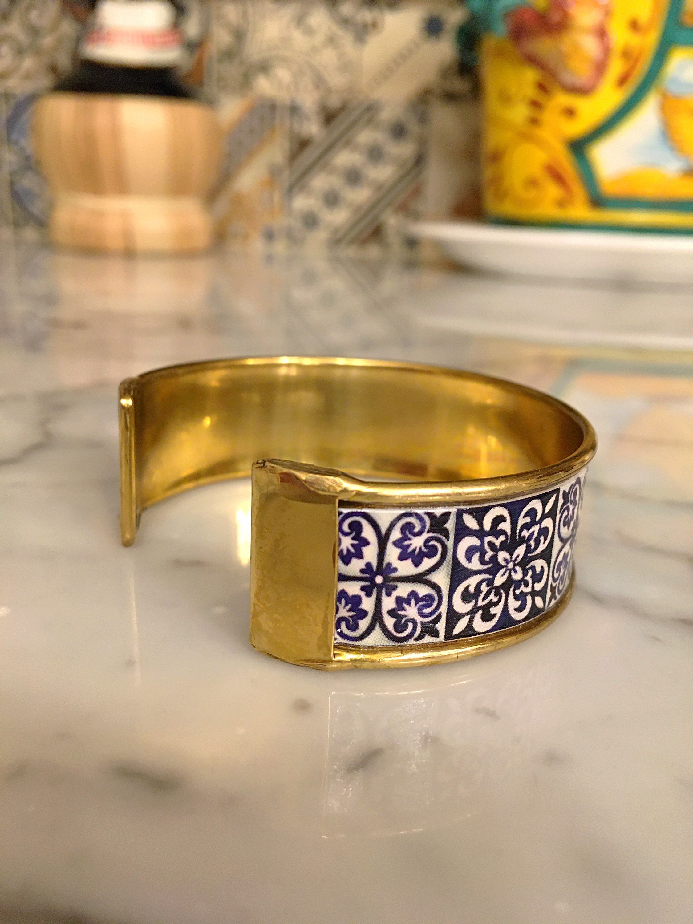 Blue and White Majolica Tile Cuff Bracelet, Italian Tiles Cuff Bracelet