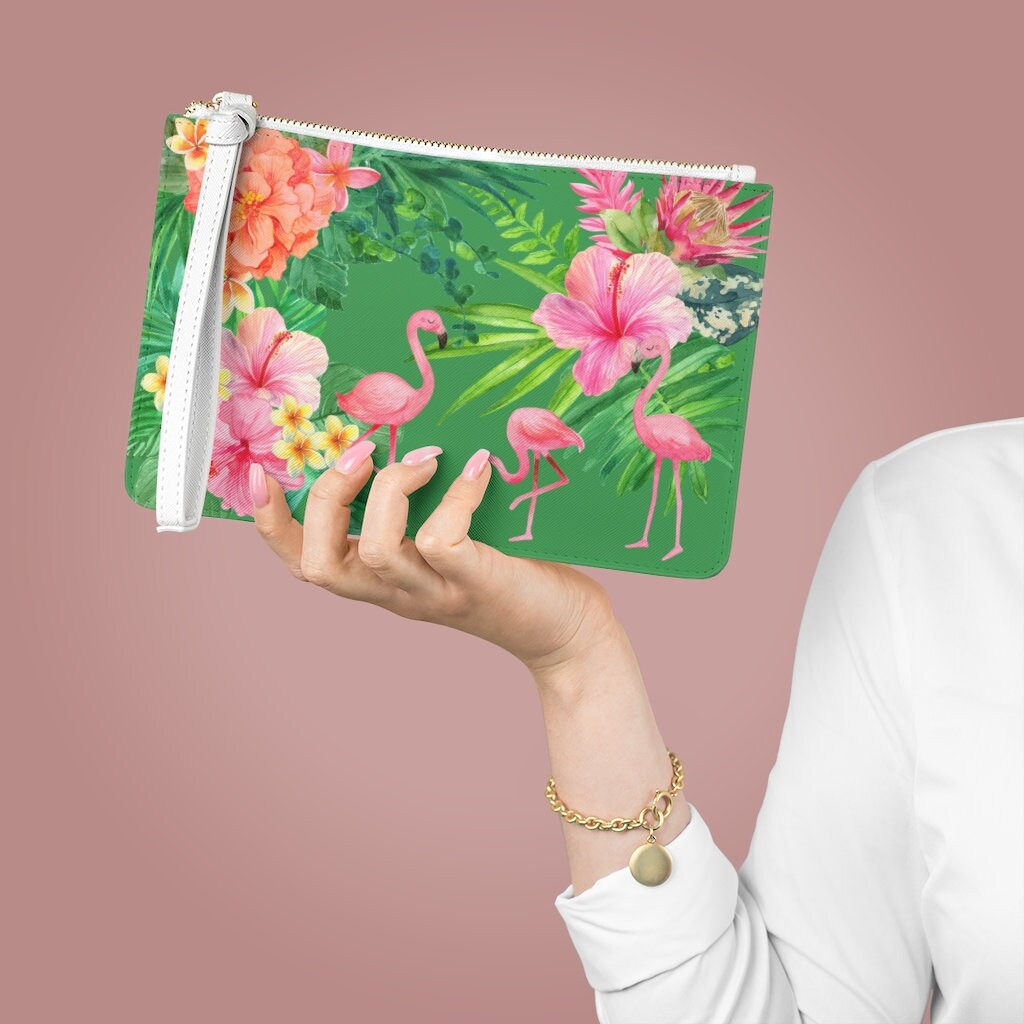 Pink Flamingo & Tropical Flower Zip Top Clutch Bag, Plumeria Pink Flamingo & Tropical Flower Zip Top Clutch Bag, Plumeria