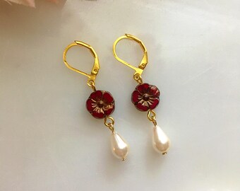 Floral Whimsigoth Pearl Drop Earrings, 90s Witchy Earrings, Red Flower Earrings, Fairycore Jewelry