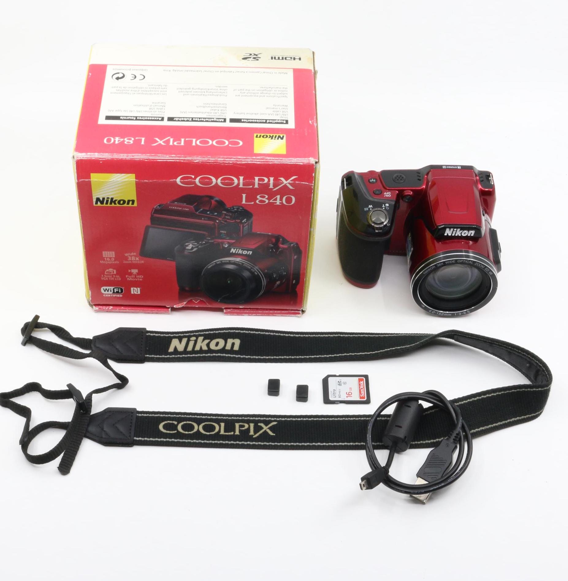 Boxed Nikon Coolpix L840 Red Digital Camera Set + Sandisk 16GB