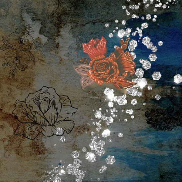 Colorful Distressed Background with a Beautiful Flower and Diamond Accents