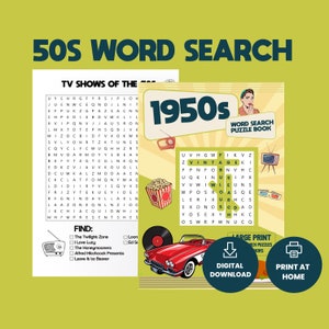 50s word search book, word search books digital, 50s print, printable word search puzzles, 1950s, 50s party activity, 1950's coloring book