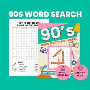 90s word search book |  word search books digital | 90s print | printable | word search puzzles | 1990 | fun activity | 90s party activity