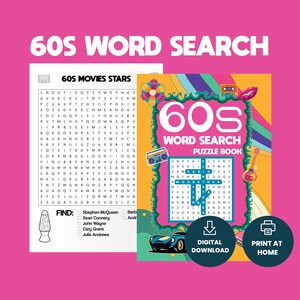 60s word search book |  word search books digital | 60s print | printable | word search puzzles | 1960 | fun activity | activity book