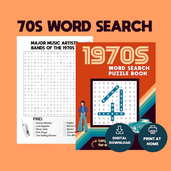 Livre de recherche de mots des années 70 | livres de recherche de mots numériques | Impression des années 70 | imprimable | puzzles de recherche de mots | 1970 | activité ludique | Activité de fête des années 70