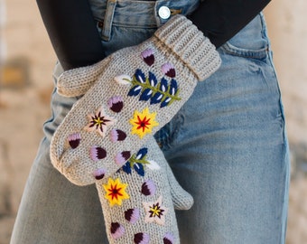 Gray Hand Stitched Floral Knit Mittens | Fleece Lined Mittens | Women's Knit Mittens | Embroidered Mittens | Hand Stitched Embroidery