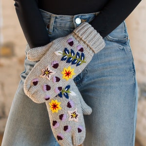 Gray Hand Stitched Floral Knit Mittens Fleece Lined Mittens Women's Knit Mittens Embroidered Mittens Hand Stitched Embroidery image 1