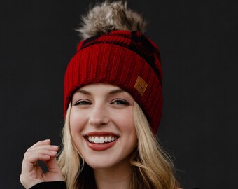 Red Buffalo Plaid Pom Hat | Fleece Lined Pom Hat | Christmas Pom Hat | Women's Winter Hat | Red & Black Buffalo Plaid Hat | Winter Hat