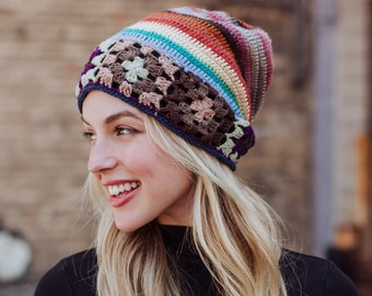 Brown, Taupe & Orange Crochet Beanie | Women's Crochet Beanie | Granny Squares Beanie | Multicolored Crochet Women's Winter Hat