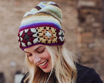 Yellow, Brown & Blue Crochet Beanie | Women's Crochet Winter Hat | Granny Squares Beanie | Winter Accessories | Multicolored Crochet Hat