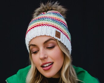 White & Rainbow Striped Pom Hat | Fleece Lined Pom Hat | Women's Rainbow Striped Pom Hat | Winter Accessories | Women's Winter Hat