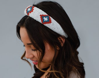 White, Red & Blue Beaded Headband | Aztec Inspired Headband | Statement Headband | Spring Headband | Summer Headband | Women's Headband