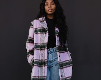 Purple, Green & Tan Plaid Coat | Women's Long Plaid Coat | Women's Long Plaid Jacket | Winter Coat | Fully Lined Coat | Statement Coat