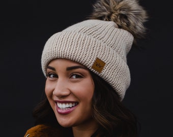 Beige Cable Knit Pom Hat | Fleece Lined Pom Hat | Women's Pom Hat | Neutral Pom Hat | Women's Winter Hat | Women's Knit Pom Hat