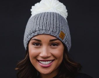 Grey/Off White Color Block Pom Hat | Pom Hat | Winter Hat | Color Block | Fleece Lined Pom Hat | Color Blocking | Knit Hat