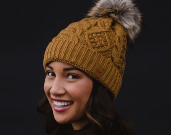 Camel Cable Knit Pom Hat | Fleece Lined Winter Hat | Women's Pom Hat | Winter Accessories | Neutral Pom Hat | Women's Winter Hat