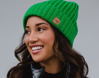 Bright Green Knit Beanie | Fleece Lined Knit Beanie | Colorful Knit Beanie | Trendy Beanie | Women's Beanie | Women's Winter Hat