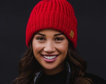 Red Knit Beanie | Fleece Lined Knit Beanie | Women's Knit Beanie | Christmas Beanie | Colorful Beanie | Women's Winter Knit Beanie