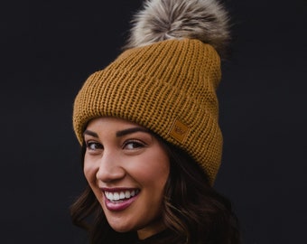 Camel Cable Knit Pom Hat | Fleece Lined Pom Hat | Women's Pom Hat | Neutral Pom Hat | Winter Accessories | Camel Winter Hat