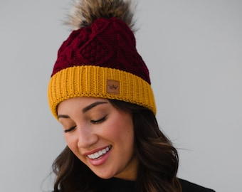 Maroon & Gold Trim Cable Knit Pom Hat | Fleece Lined Pom Hat | Cuffed Winter Hat | School Pride | College Winter Hat | Faux Fur Pom Accent