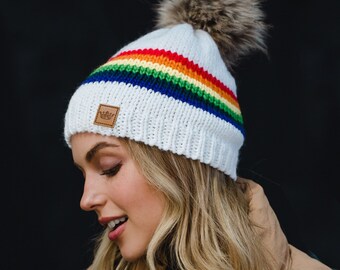 White & Rainbow Striped Pom Hat | Fleece Lined Pom Hat | Women's Pom Hat | Colorful Pom Hat | Women's Winter Hat | Rainbow Pom Hat