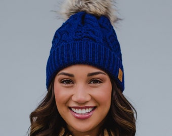 Royal Blue Cable Knit Pom Hat | Fleece Lined Winter Hat | Women's Pom Hat | Women's Pom Hat | Winter Accessories | Colorful Pom Hat