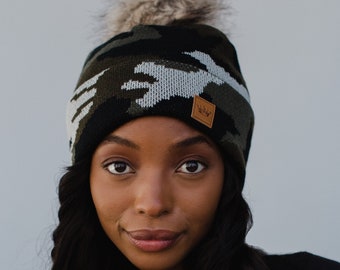 Green Camo Pom Hat | Camo Winter Hat | Winter Accessories | Pom Hat with Faux Fur Accent | Trendy Pom Hat | Women's Winter Pom Hat