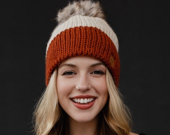 Beige & Rust Color Block Pom Hat | Winter Pom Hat | Color Block Pom Hat | Faux Fur Pom Accent | Neutral Pom Hat | Women's Winter Hat