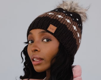 Dark Brown Patterned Pom Hat | Patterned Winter Hat | Fleece Lined Winter Hat | Women's Pom Hat | Winter Accessories | Brown Winter Hat