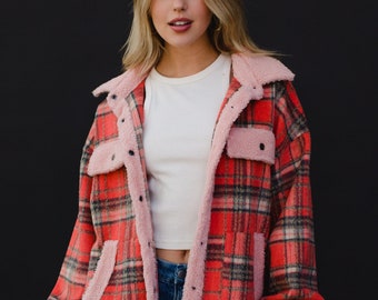 Coral, Tan & Pink Plaid Jacket | Women's Lightweight Jacket | Fall Plaid Jacket | Lightweight Jacket | Statement Jacket | Sherpa Fleece