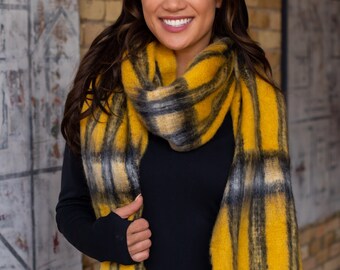 Mustard Plaid Long Scarf with Fringe | Mustard Yellow Long Scarf | Winter Accessories | Women's Mustard Scarf | Women's Yellow Plaid Scarf